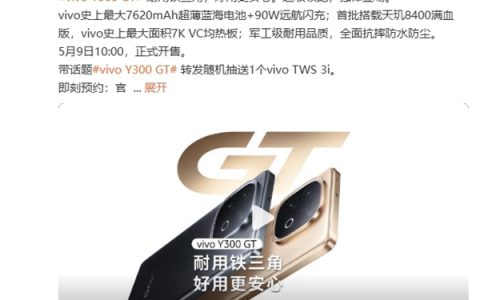 史上最大7620mAh蓝海电池+天玑8400满血版！vivo Y300 GT开启预约