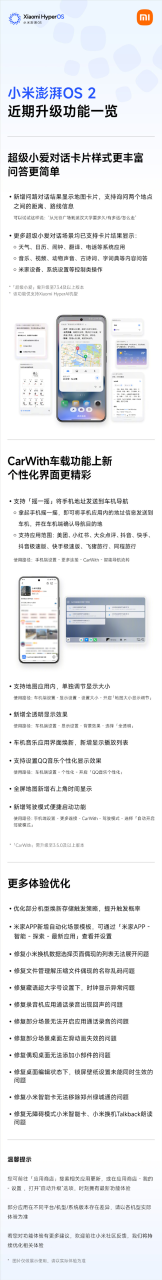 一图了解小米澎湃OS 2近期升级：CarWith界面更新、超级小爱对话卡片上新