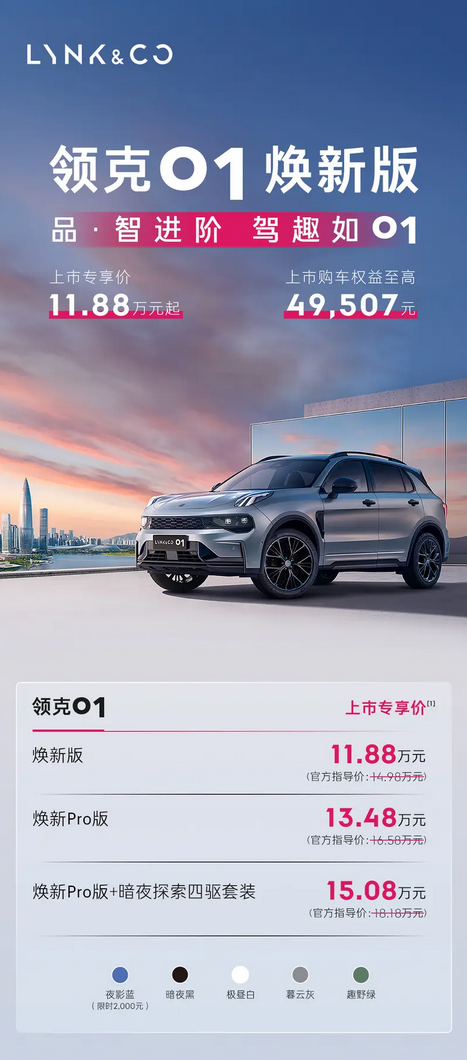 11.88万起！领克01焕新版正式上市：换装悬浮式大屏