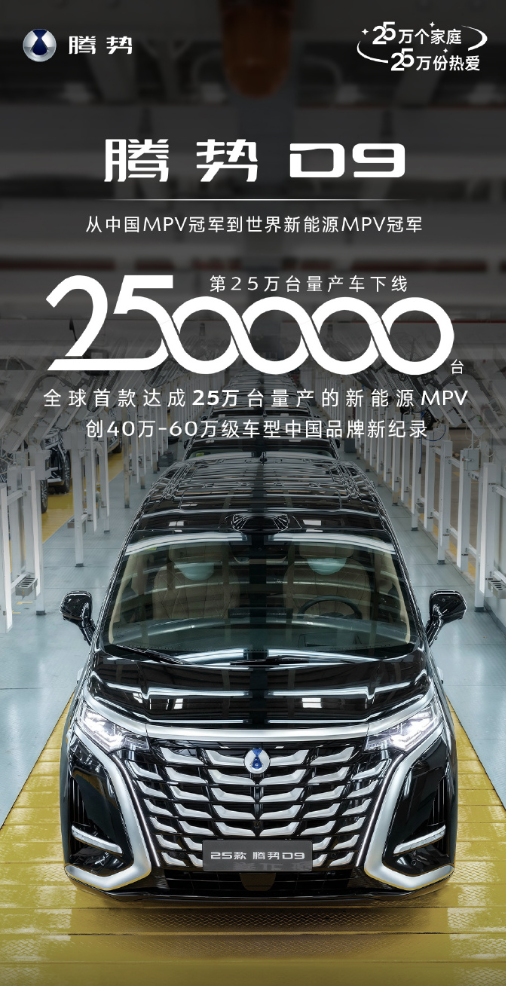 全球第一！比亚迪腾势D9狂卖250000台刷新记录