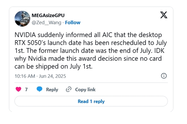 NVIDIA挤牙膏式躺平！RTX 5050将于7月1日发布：全系唯一8GB GDDR6显存