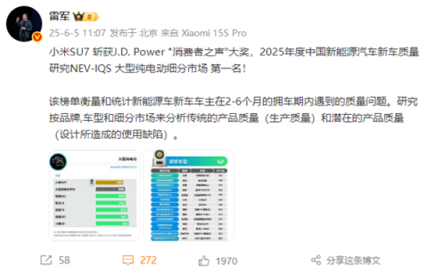 小米SU7摘得行业认可“双冠”王 ！雷军官宣SU7再获一大奖