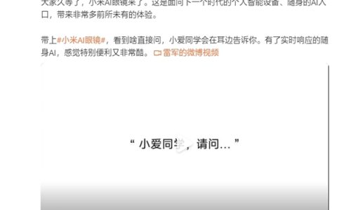 雷军爆料小米AI眼镜功能：自带小爱同学 看到啥都能直接问