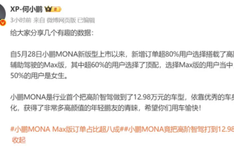 何小鹏：超80%用户选择M03 Max版 近50%都是女生