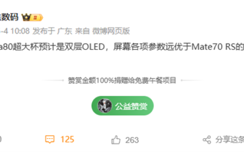 华为Pura 80疯狂堆料！超大杯搭载双层OLED：屏幕参数超越Mate 70 RS