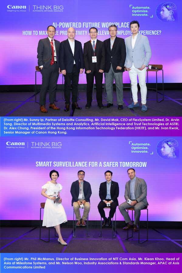 During the two panel discussions: (Top row, from right) Mr. Sunny Ip, Partner of Deloitte Consulting, Mr. David Mak, CEO of FlexSystem Limited, Dr. Arvin Tang, Director of Multimedia Systems and Analytics, Artificial Intelligence and Trust Technologies at ASTRI, Dr. Alex Chung, President of the Hong Kong Information Technology Federation (HKITF), and Mr. Ivan Kwok, Senior Manager of Canon Hong Kong discussed how AI can maximize productivity and elevate employee experience in the future workplace. (Bottom row, from right) Mr. Phil McManus, Director of Business Innovation at NTT Com Asia, Mr. Kiean Khoo, Head of Asia at Milestone Systems and Mr. Nelson Woo, Industry Associations & Standards Manager, APAC at Axis Communications Limited explored how smart surveillance can help build a safer future.
