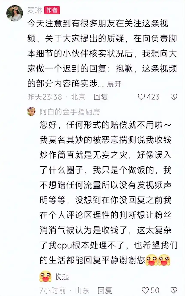 麦琳承认“短视频抄袭”质疑并致歉：确实涉及借鉴和模仿 愿协商补偿