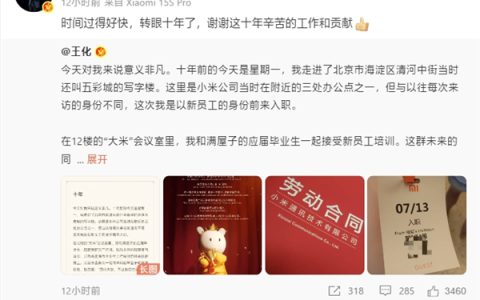 王化晒入职小米10周年纪念：雷军亲自感谢