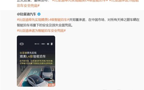 中国首家！比亚迪率先实现媲美L4级智能泊车：因智能泊车系统导致的事故由车企承担责任