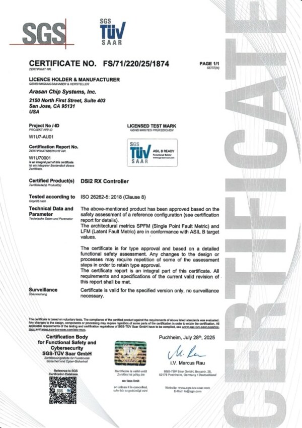 Arasan MIPI DSI-2 Rx IP ISO26262 ASIL-B Certification
