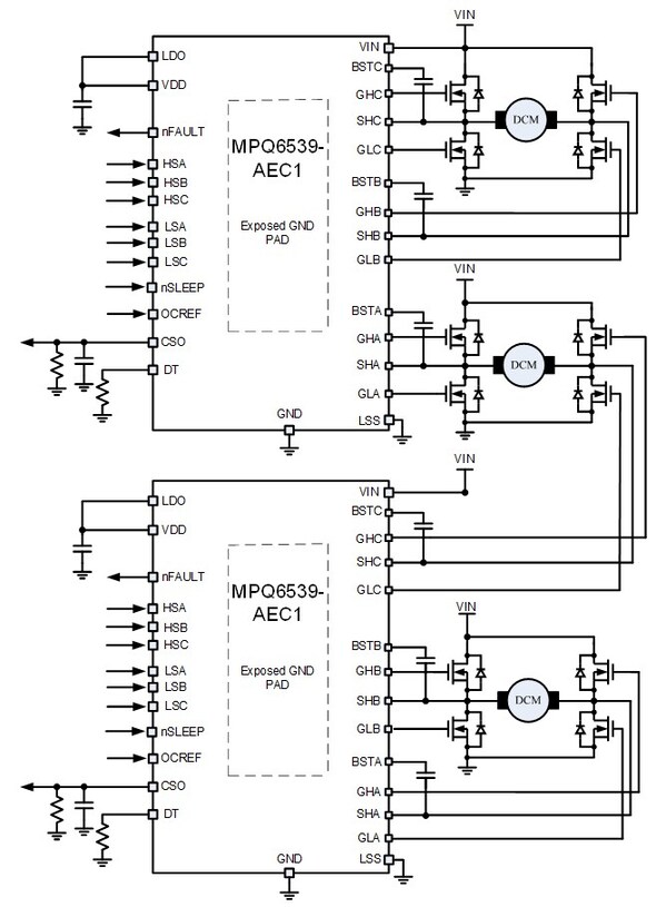 两个MPQ6539-AEC1级联驱动三个BDC典型应用图