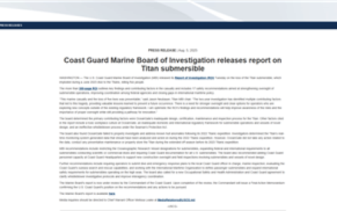 5位富豪命丧海底 美国公布泰坦号事故调查报告：设计、维护有缺陷