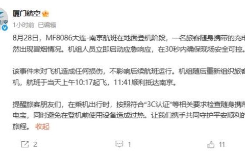 厦门航空通报充电宝突然冒烟：未对飞机造成任何损伤