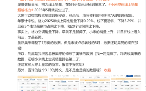 博主回击格力：5月小米空调线上销量就超之 篡改数据没意义