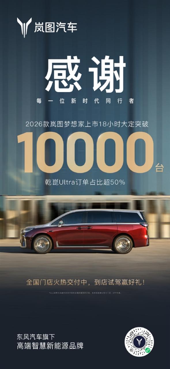 2026款岚图梦想家上市18小时大定破万！全球首款800V智能超混MPV