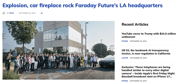 展示的FF91起火爆炸！法拉第未来洛杉矶总部两层小楼被烧