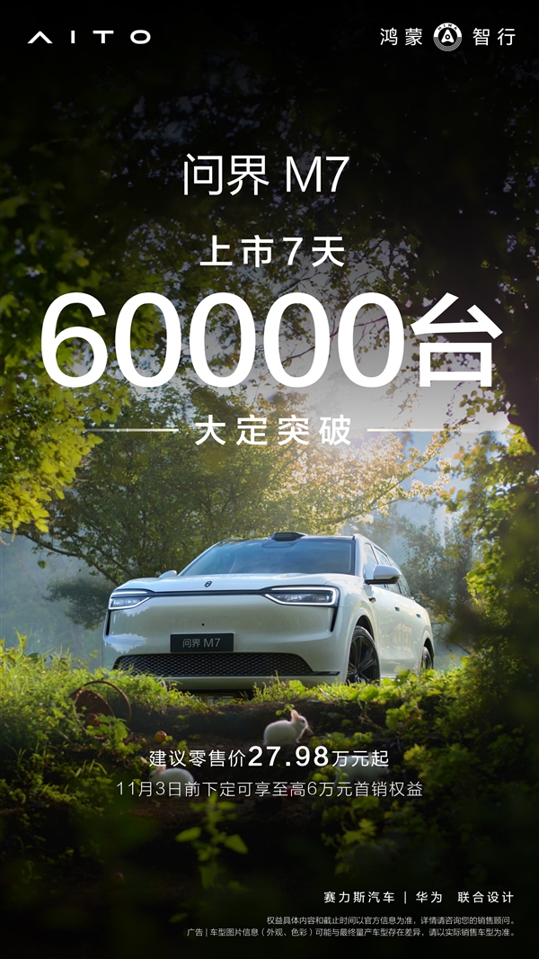 无愧国产第一豪车品牌!全新问界M7上市1周大定破60000台