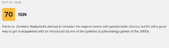 《植物大战僵尸：重植版》M站开分最高77！出色且忠实的重制