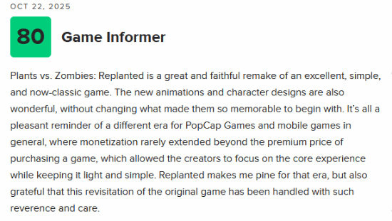 《植物大战僵尸：重植版》M站开分最高77！出色且忠实的重制