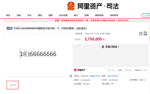 尾号66666666手机号275万成交：4人报名67次出价 超过起拍价75万