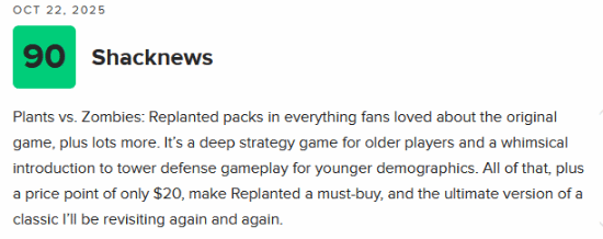 《植物大战僵尸：重植版》M站开分最高77！出色且忠实的重制