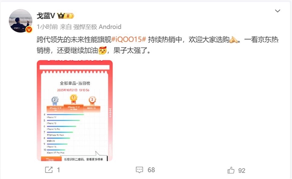 iQOO 15单品销量冲上京东安卓阵营TOP1：比iPhone 17还火爆