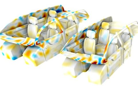 得益于 6.4 版本中的 NVIDIA® GPU 加速技术，图中展示的汽车座舱内的声学仿真可实现更快速且更具扩展性的分析。