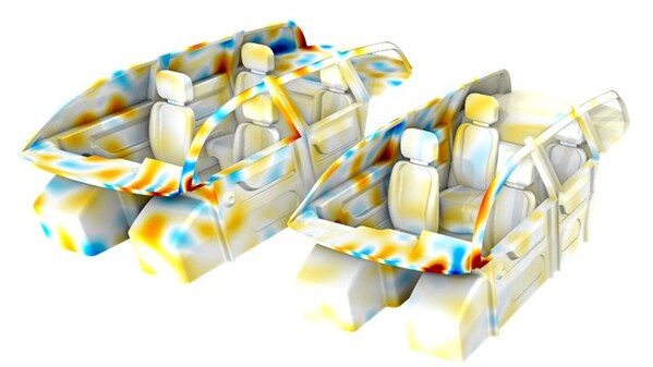 得益于 6.4 版本中的 NVIDIA® GPU 加速技术，图中展示的汽车座舱内的声学仿真可实现更快速且更具扩展性的分析。