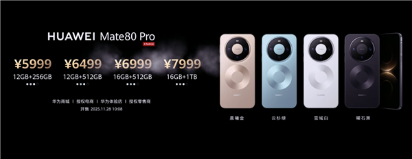 比Mate 70便宜800元！华为Mate 80系列11月28日10点08开售：4699元起