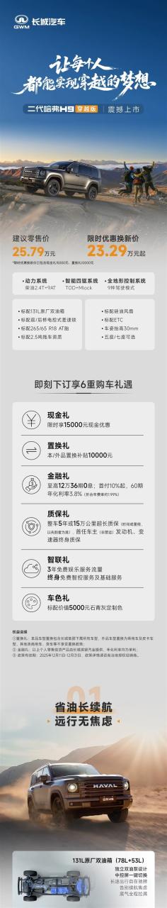 自带AT胎、涉水深度800mm！哈弗H9穿越版上市：限时23.29万