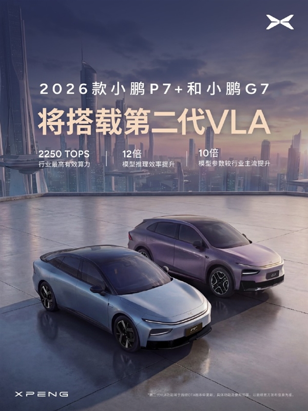 智驾效率飙12倍！2026款小鹏P7+和G7官宣：将搭载第二代VLA