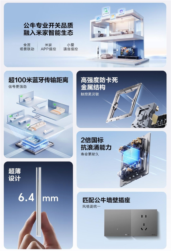 公牛墙壁开关接入米家生态：支持蓝牙Mesh 2.0 超100米传输距离