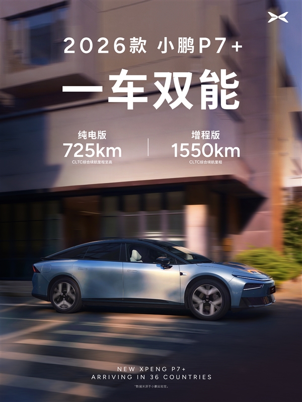 全球36国同步发布!2026款小鹏P7+官宣:全球纯电续航最长增程轿跑