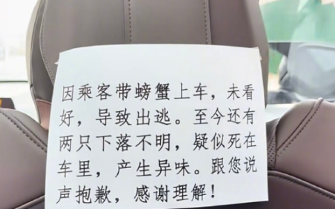 网约车出现“生化异味” 司机贴纸条致歉：螃蟹出逃下落不明