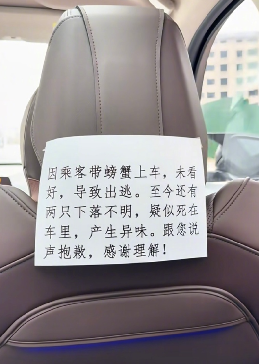 网约车出现“生化异味” 司机贴纸条致歉：螃蟹出逃下落不明