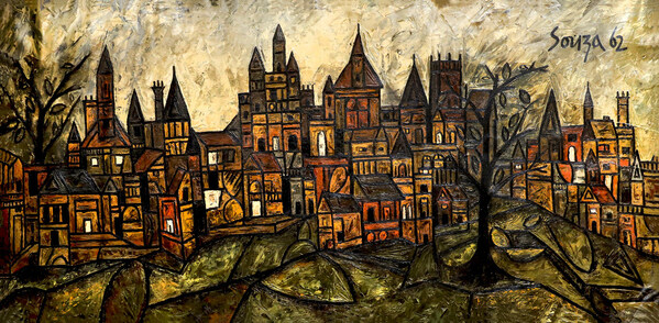 F.N. Souza’s architectural cityscape channels raw, brooding intensity through sharp angles and visceral textures, transforming a medieval-inspired vista into a powerful psychological landscape. F.N. Souza’s architectural cityscape channels raw, brooding intensity through sharp angles and visceral textures, transforming a medieval-inspired vista into a powerful psychological landscape.