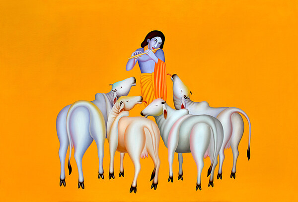 Manjit Bawa’s 1998 masterpiece from his Krishna series, captures a meditative harmony through its iconic ochre backdrop and sculptural simplicity. Manjit Bawa’s 1998 masterpiece from his Krishna series, captures a meditative harmony through its iconic ochre backdrop and sculptural simplicity.