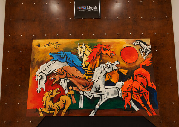 M.F. Husain, Horses (2006), Acrylic on Canvas, 97 x 60 in; a monumental composition of bold, angular forms and striking colors capturing the raw power of horses charging beyond the frame. M.F. Husain, Horses (2006), Acrylic on Canvas, 97 x 60 in; a monumental composition of bold, angular forms and striking colors capturing the raw power of horses charging beyond the frame.