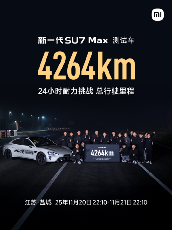 用短跑速度跑马拉松！小米新一代SU7 Max 24小时耐力挑战：斩获4264km