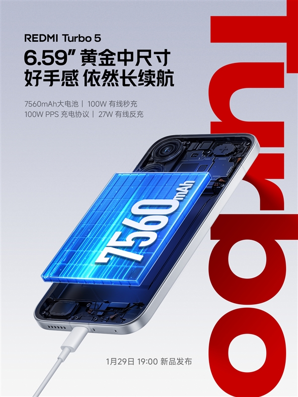 REDMI Turbo 5搭载7560mAh大电池:支持100W秒充!兼容百瓦PPS
