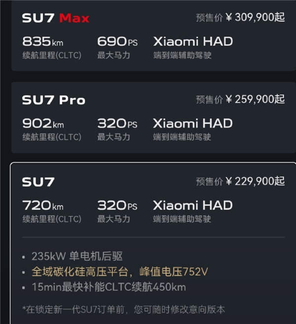 预售价闹乌龙 官方已修改！小米新SU7起售22.99万 雷军：意向金1000元上市后可退