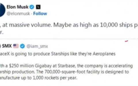 马斯克：3年内星舰发射频率将超每小时1次 终极目标每年生产1万艘星舰