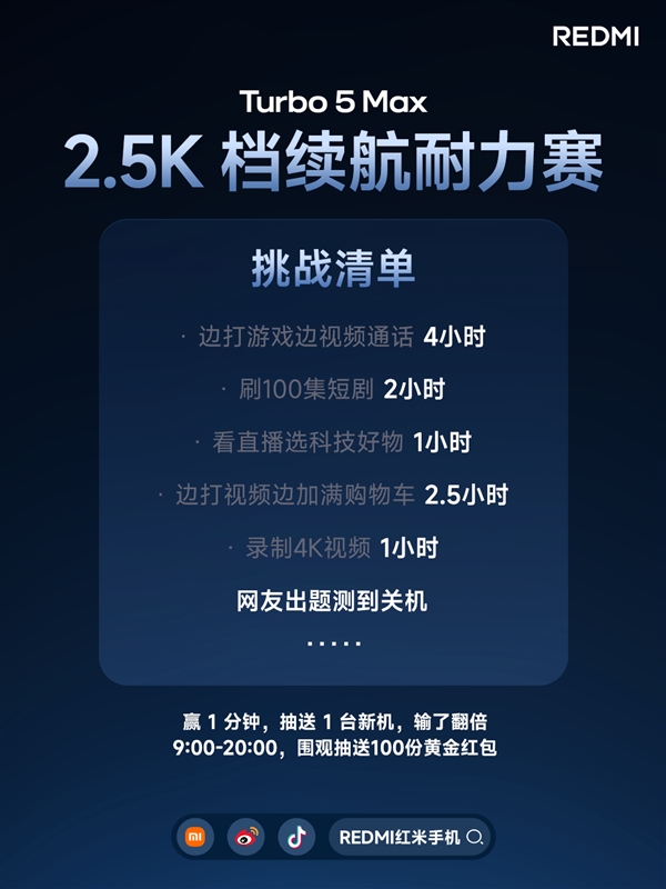 9000mAh挑战友商10000mAh！REDMI Turbo 5 Max续航耐力赛正式开赛