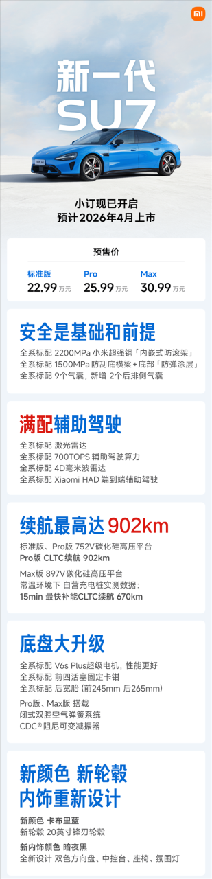 雷军:新一代小米SU7已结束研发准备量产!2月13日左右展车到店