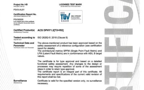 Arasan MIPI D-PHY ISO 26262 ASIL-B认证