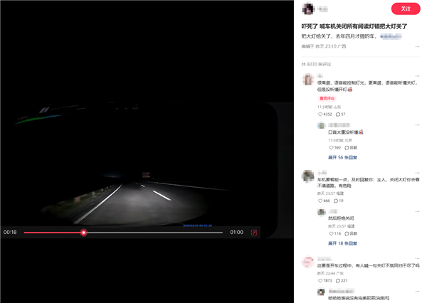 严重BUG！男子夜间高速开车误用语音关闭大灯致事故