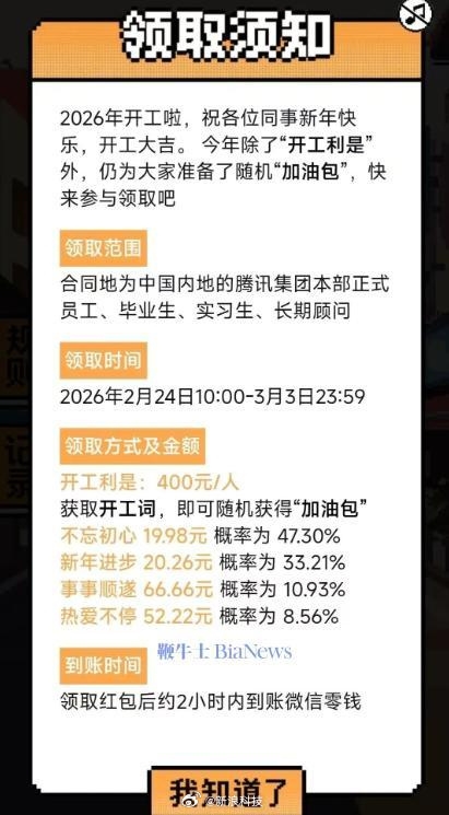 你今天领红包没 多少钱!腾讯发开工红包 每人400元:还有随机加油包