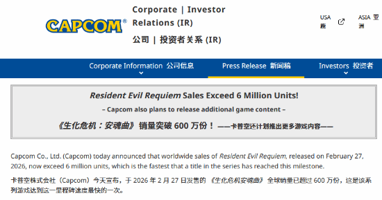 《生化危机9：安魂曲》销量破600万！系列史上卖得最快的一代