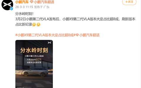 小鹏X9第二代VLA版本大定占比超80%：创版本占比新纪录