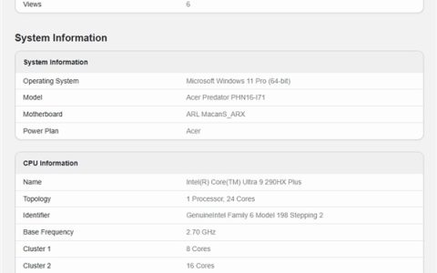 Intel新一代移动旗舰Ultra 9 290HX Plus跑分：比285HX高6-8%